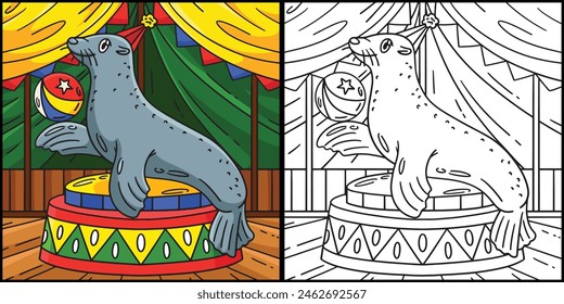 Circus Sea Lion Coloring Page Colored Illustration
