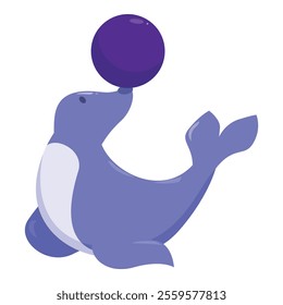 Circus seal is balancing a purple ball on its nose while performing for an audience