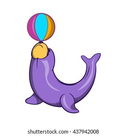 Circus seal with a ball icon, cartoon style
