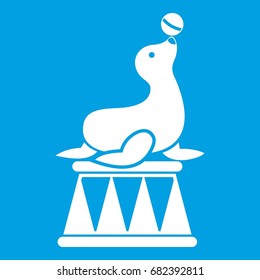 Circus seal with a ball icon white isolated on blue background vector illustration