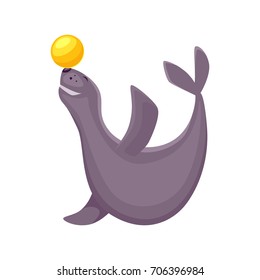 Circus seal performs acrobatics with a ball. Cartoon vector illustration of Shapito sea cat.