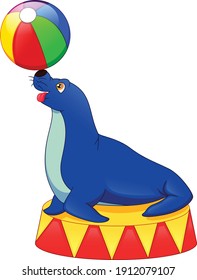 Circus seal playing a ball isolated on white background