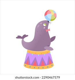 Circus seal playing with ball vector illustration. Cartoon isolated funny animal with bow tie performing carnival show on wooden arena podium, happy performer and juggler character holding balloon