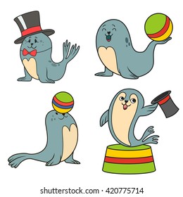 circus seals. Vector illustration. Set. Cartoon style