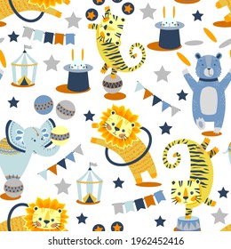 Circus Seamless Background With Cartoon Animals. Leon, Elephant, Tiger, Bear And Rabbit 