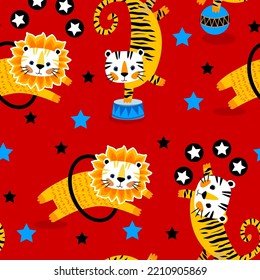 Circus Seamless Background With Cartoon Animals. Leon, Elephant, Tiger, Bear And Rabbit 