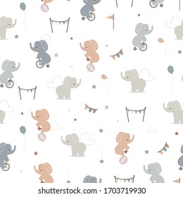 Circus seamless children's design , .Creative Scandinavian children's textures for fabrics, wraps, textiles, wallpaper, clothing. Vector elephants illustration.