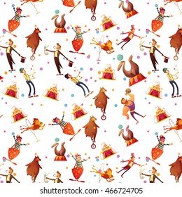 Circus seamless funny retro cartoon souvenir presents wrap paper pattern with seal ion magician and clown vector illustration  