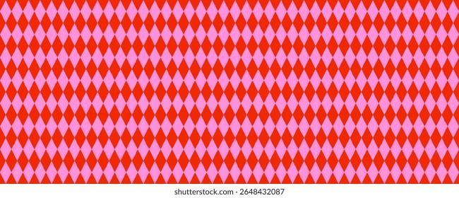 Circus seamless harlequin pattern with red and pink diamond rhombus shapes. Bold fun vector texture for costumes, party decor, or retro designs. Drag to swatches panel to use