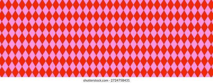Circo padrão de arlequim sem costura com formas de losango vermelho e rosa. Textura vetorial divertida ousada para figurinos, decoração de festa ou desenhos retrô. Arraste até o painel Amostras para usar Eps10