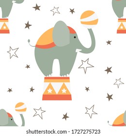 Circus Seamless pattern - Cartoon Circus Animals - Big Elephant. Amusement background. Vector Illustration. Print for Wallpaper, Baby Clothes, Wrapping Paper. Don't contain clipping mask and gradient.