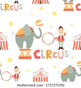 Circus Seamless Pattern - Cartoon Circus Tamer and Elephant. Amusement background. Vector Illustration. Print for Wallpaper, Baby Clothes, Wrapping Paper. Don't contain clipping mask and gradient.