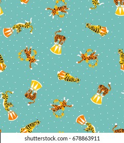Circus seamless pattern with cartoon tigers on the blue dots background. Carnival fabric design. 