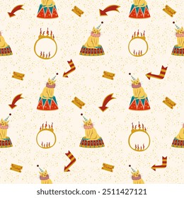 Circus seamless pattern with cats on standing stage, ring fire, arrows and tickets, with stars on background. Flat vector illustration. Childish hand drawn. Doodle style.