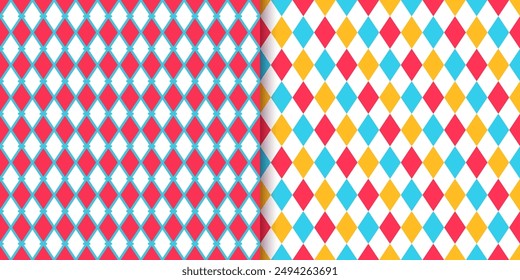 Circus seamless pattern. Checkered diamond backgrounds. Vector illustration. Harlequin lozenge textures. Set blue red yellow rhombus plaid prints. Modern argyle geometric backdrops.