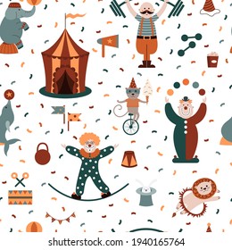 Circus seamless pattern with clowns, acrobats, lions, seals, elephants, monkeys, etc. Can be used for circus performance, birthday party, carnival. Vector background.