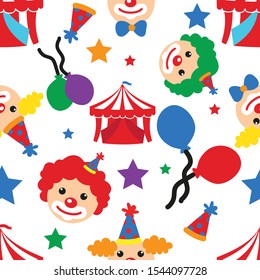 Circus seamless pattern with clowns, tents and stars. Background vector for print on textile or paper.