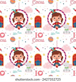 Circus seamless pattern with cute acrobat girl sitting on the hoop and baby elephant in white background