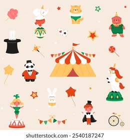 Circus seamless pattern with cute baby animals, kids and decorative elements. Carnival background, celebrate show, party vector illustration. Children fairground. Magic vector illustration.