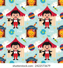 Circus seamless pattern with cute boy magician and lion in blue background. It can be used for textile, wallpaper, wrapping