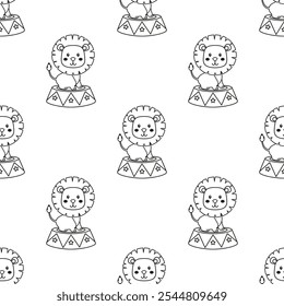 circus seamless pattern of cute little lion, black and white flat vector illustration