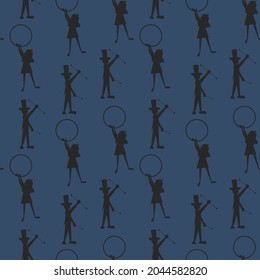 Circus seamless pattern in dark blue background with dark grey silhouette host wizard and dance girl with hoop. Vector illustration.
