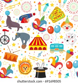 Circus seamless pattern. Holiday carnival endless background, texture. Isolated on white background. Vector illustration