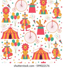 Circus seamless pattern with lion, tent, magic hat, balloon, clowns and bike. Vector illustration.