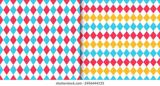 Circus seamless pattern. Set blue red yellow rhombus plaid prints. Harlequin lozenge backgrounds. Checkered diamond textures. Vector illustration. Modern argyle geometric backdrops.