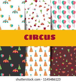 Circus seamless pattern set in doodle style. Perfect for paper, textile, fabric and nursery design. Vector illustration
