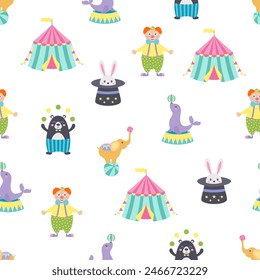 circus seamless pattern with tent, animals and clown, flat style