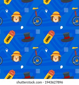 Circus Seamless Pattern with Unicycle, Magician Hat, Clown, and Carnival Ticket.