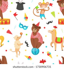 Circus Seamless Pattern with Vintage Carnival Elements and Cute Animals, Amusement Park Vector Illustration