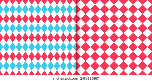 Circus seamless patterns set. Harlequin lozenge backgrounds. Red and blue rhombus plaid prints. Checkered diamond textures. Modern argyle geometric backdrops. Vector illustration.