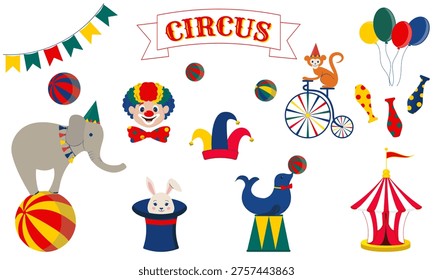 Conjunto de circo con animales de circo, payaso, globos, carpa de circo, sombrero de payaso, elefante en una bola, conejo en un sombrero de copa, malabares