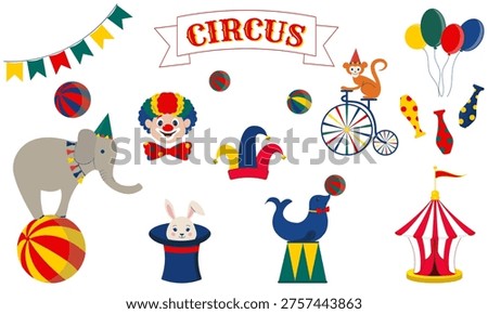 Circus set with circus animals, clown, balloons, circus tent, clown hat, elephant on a ball, rabbit in a top hat, juggling