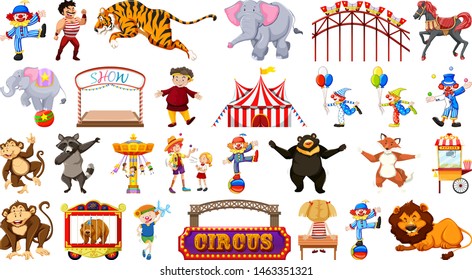 Circus set with animals rides and clowns on isolated background illustration