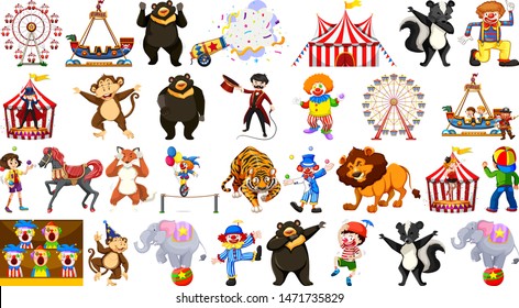 Circus set with animals rides and clowns on isolated background illustration