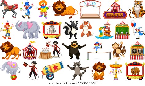 Circus set with animals rides and clowns on isolated background illustration