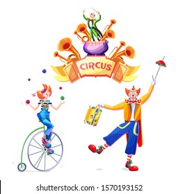 Circus set of character, including juggler, clown and entertainer. Illustration in cartoon style.