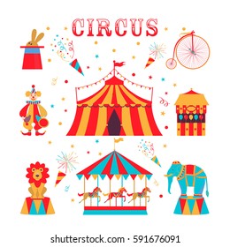 Circus set with clown, bike, tent, rabbit in hat, lion and elephant, carousel with horses. Vector illustration.