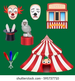 Circus set: Clown, box office, hat with a rabbit, a trained poodle, a circus tent, a mace. For use as logos on cards, in printing, posters, invitations, web design and other purposes.