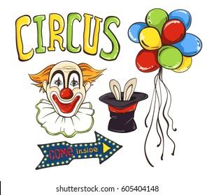 Circus set with clown face, balloons, hat and rabbit ears on it. Vector illustration