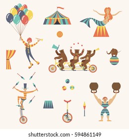 Circus set with clown, juggler, strong man, bears, mermaid and tent on a white background. Vector illustration.