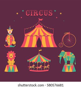 Circus set. Clown, lion, bicycle, tent, carousel and elephant. Vector illustration.