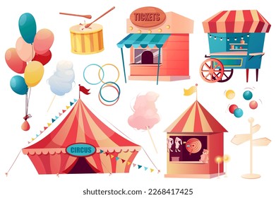 Circus set graphic elements in flat design. Bundle of stalls with tickets, food kiosk, balloons, cotton candy, pointer, shooting gallery, carnival circus marquee. Vector illustration isolated objects