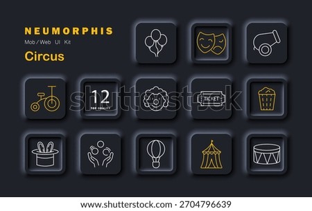 Circus set icon. Balloon, clown, ticket, popcorn, drum, cannon, stage, tent, hat, mask, unicycle, juggle in outlined neumorphic carnival theme.