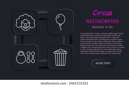 Circus set icon. Balloon, top hat, popcorn, clown, makeup, wig, red nose, neomorphism, ticket, cannon, weight, dumbbell, ball, amusement ride. Presentation concept.