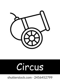Icono de circo. Pistola, concha, truco peligroso, prestidigitación, hipódromo, circo, diversión, diversión, Ocio, paseo de la diversión, líneas negras sobre fondo blanco. Concepto de presentación.