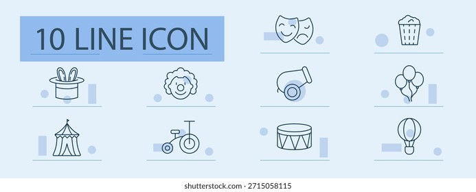 Ícone de conjunto de circo. Chapéu, palhaço, máscara, canhão, pipoca, tenda, bicicleta, tambor, balões, balão de ar, show, performance, festival, diversão, entretenimento, magia, carnaval, alegria, fantasia